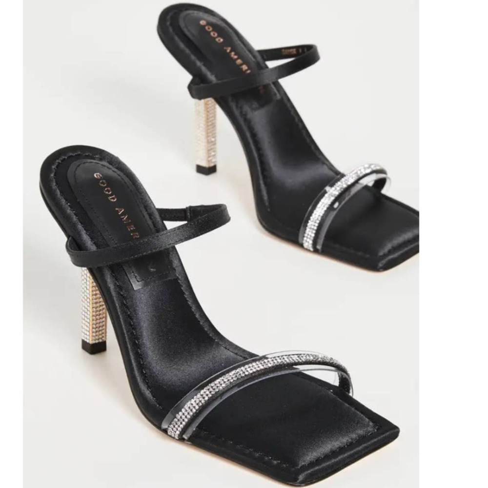Good American Rhinestone Satin Square Toe Strappy Sandals In Black Size 13 New